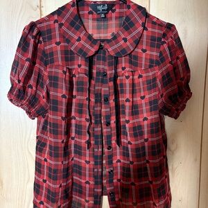 Hell Bunny - red and black plaid design with hearts short sleeve button up